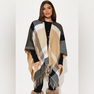 Fashion Nova Plaid Poncho - Black, Tan, White